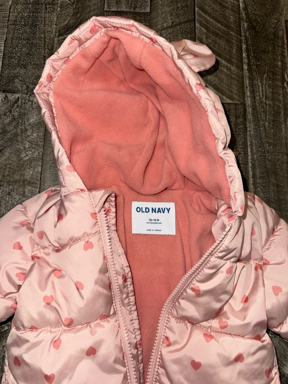 Old Navy Light Pink Heart-Print Puffer Jacket with Hood